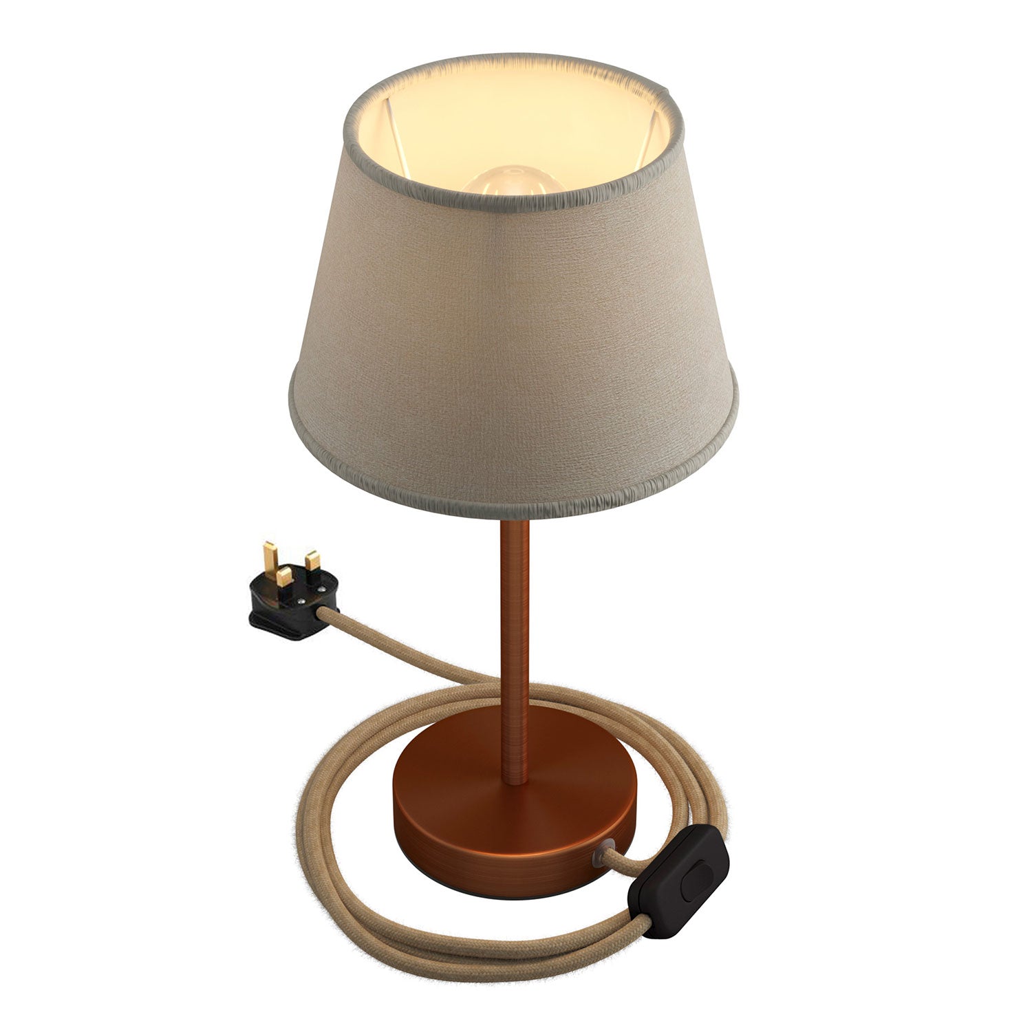 Alzaluce con paralume Impero, lampada da tavolo in metallo e spina UK - Juta chiara 20 cm