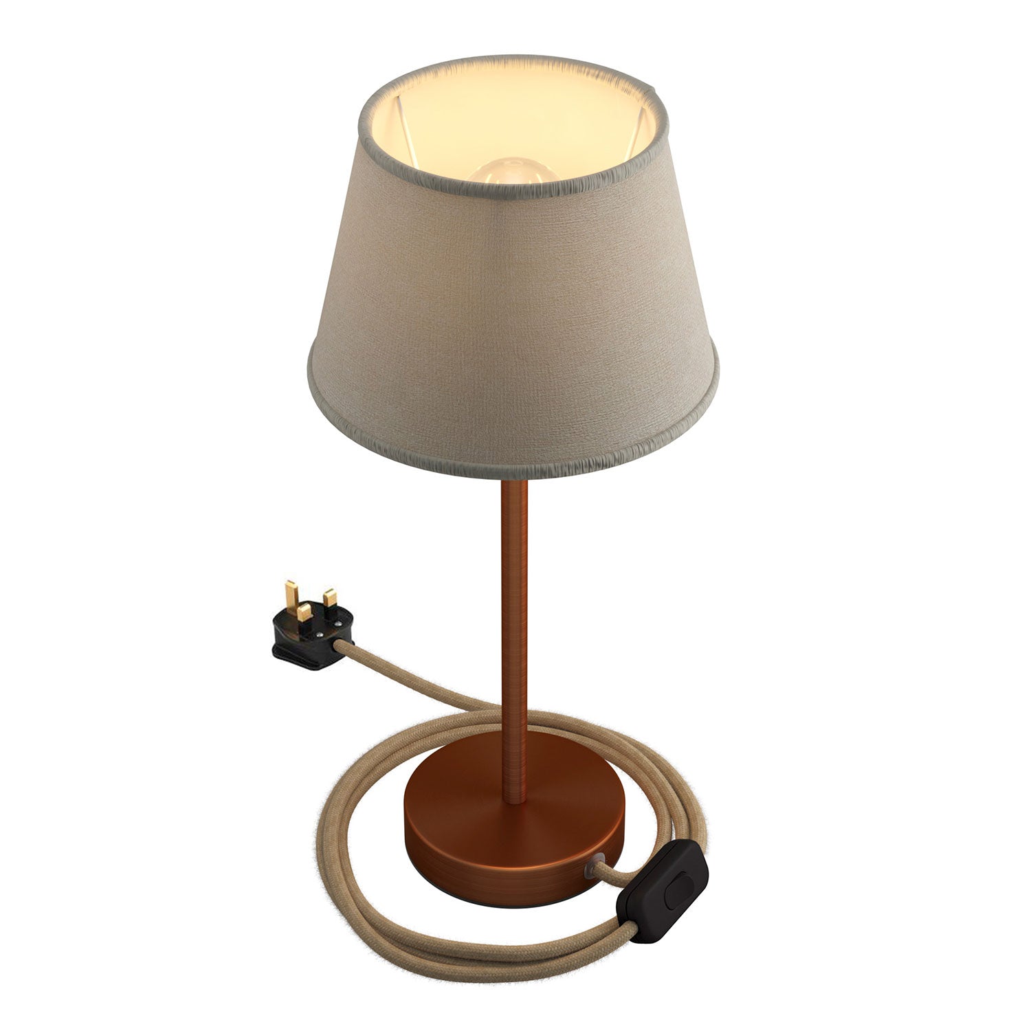 Alzaluce con paralume Impero, lampada da tavolo in metallo e spina UK - Juta chiara 25 cm