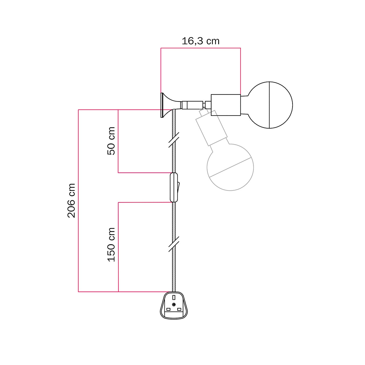 Lampada da parete MAG-Y con snodo, lampadina mezza sfera e spina UK - Bronzo satinato