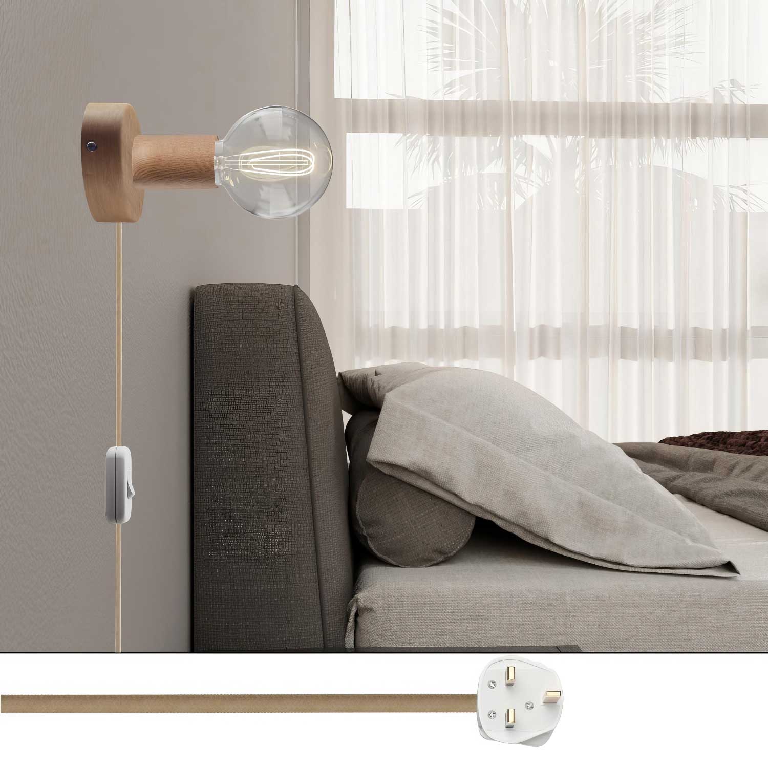 Lampada Spostaluce in legno e spina UK - Neutro