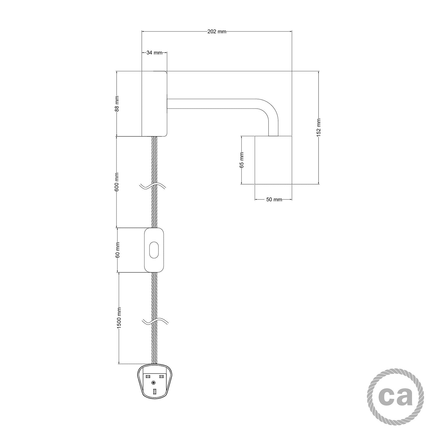 Lampada Spostaluce in legno con estensione curva e spina UK - Neutro