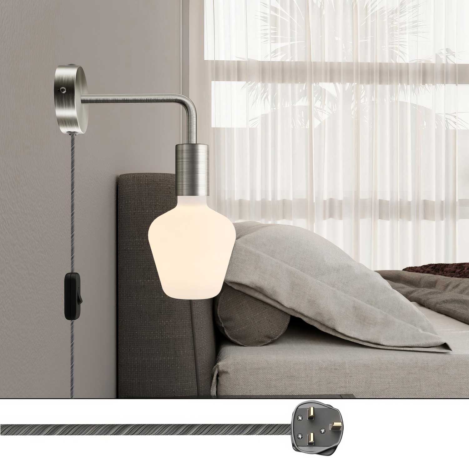 Lampada Spostaluce in metallo con estensione curva e spina UK - Titanio satinato