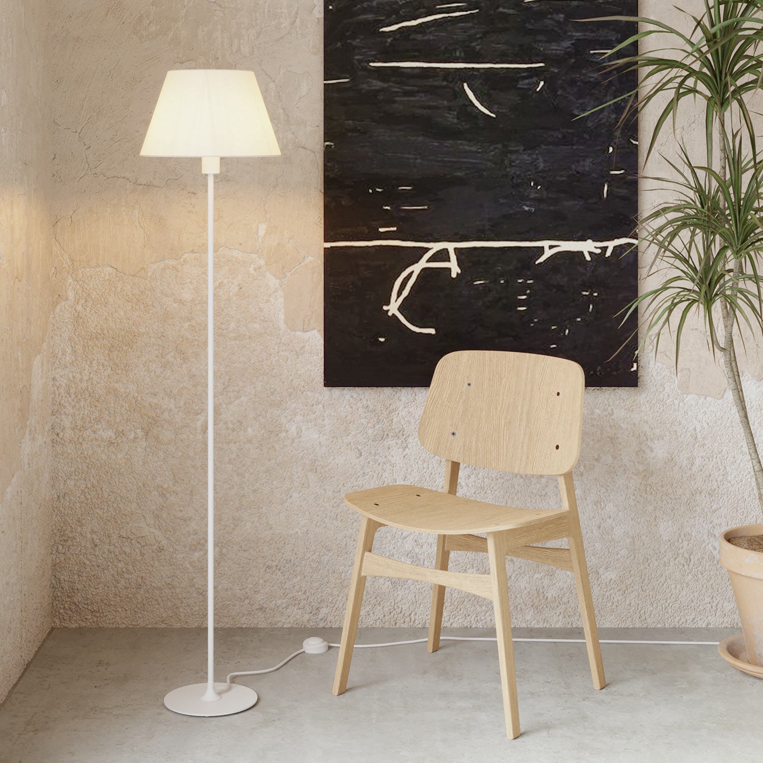 Lampada da terra MAG-Y con base metallica tonda, paralume Impero M e spina UK - Bianco opaco
