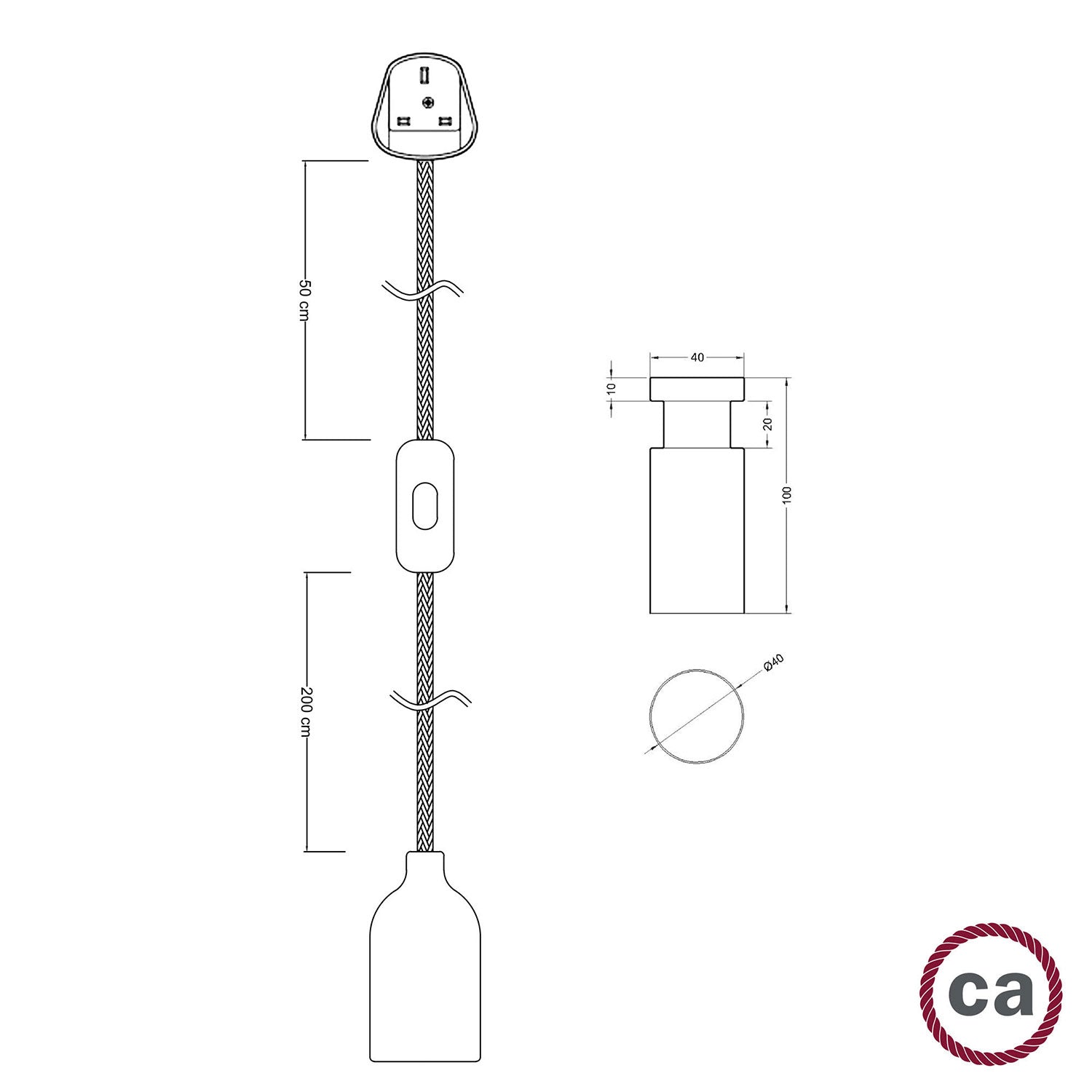 Snake, cablaggio con portalampada in legno, passacavo Rolé Effetto Wengé e spina UK
